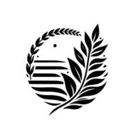 Circular Black and White Botanical Featuring Leaves, Branches, and Horizontal Lines, Simple and Elegant . vector