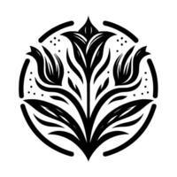 Symmetrical floral in black and white, featuring stylized tulips, enclosed in a circular frame with dot accents, minimalist aesthetic. vector