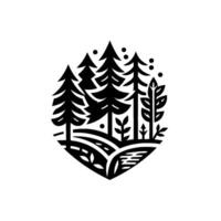 A stylized, black and white geometric illustration featuring a tranquil forest scene with pine trees, foliage, and a pathway within an oval frame. vector
