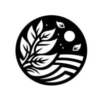 A minimalist black and white circular composition, featuring a stylized plant with leaves, moon, and a landscape, creating a serene and artistic scene. vector