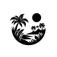 Monochromatic Tropical Island Silhouette Palm Trees, Shoreline, and Sun Enclosed within a Rounded Frame, Illustrative vector