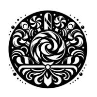 Intricate Black and White Circular Featuring a Central Swirl Lollipop with Surrounding Candies, Lollipops, and Decorative Elements. vector