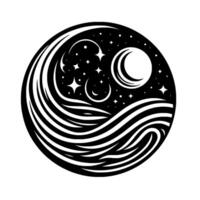 Symbolic Black and White Circular Artwork depicting celestial elements moon phases, stars, and stylized waves in a balanced composition. vector