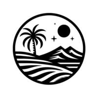 Circular Silhouette Palm Tree, Mountain Range, Stars, and Moon within a Black and White Scenic vector