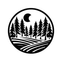 Black and white minimalist circular showcasing stylized evergreen trees, rolling hills, and a crescent moon against a white backdrop. vector