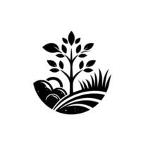 Minimalist Black and White Illustration of a Tree with Lush Foliage Growing on a Grassy Hill with Textured Ground, in a Circular Composition. vector