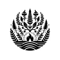 A circular, stylized black and white illustration of a campfire surrounded by diverse flora, representing natures elements in harmony. vector