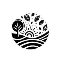 Circular minimalist black and white illustration depicts a serene landscape featuring a tree, sun, fields, and floating leaves, symbolizing nature. vector