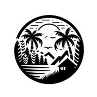 Silhouette scenic circle composition with palm trees, cabin, mountains, sun, birds, and forest elements in a minimalist art style. vector