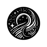 Cosmic Crest Black and White Celestial Illustration with a Crescent Moon, Starbursts, and Flowing Lines within a Circular Frame. vector