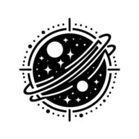 Abstract Black White Cosmic Emblem with Planet, Rings, Stars, and Dotted Border, Depicting a Celestial Navigation. vector