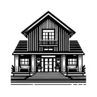 Striking Black and White Geometric Illustration of a TwoStory House with Balcony, Pillars, and a Brick Accent. vector