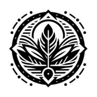 Abstract Black and White Circular Emblem Featuring a Stylized FeatherLike , Geometric Shapes, and Ornamental Elements. vector
