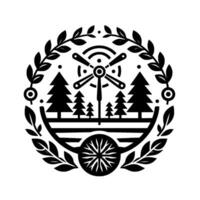 Black and white circular emblem of a windmill flanked by trees, laurel wreath, and a stylized water wheel. vector