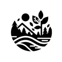 Stylized Black and White Circular Emblem Featuring Mountain, Sun, Trees, Water, and Foliage. vector