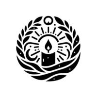A minimalist black and white illustration of a candle flame within a circular wreath. vector