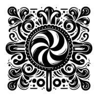 Intricate Black and White Circular Pattern featuring a Swirled Lollipop Centerpiece, Decorated with Floral and Curvilinear Ornaments. vector