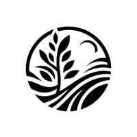 Black and White Circular Stylized Tree, Curved Fields, and Crescent Moon Landscape. vector