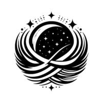 Celestial sphere with starry night core, framed by stylized wings and cosmic elements in monochrome. vector