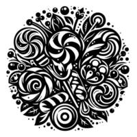 Whimsical Black White Candy Composition Swirls of Lollipops, Candies, and Decorative Leaves Forming a Circular Pattern. vector
