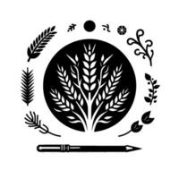 Elegant black and white illustration featuring a central wheat within a circle, surrounded by stylized botanical elements and a pencil. vector