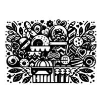 Abstract Monochrome Illustration of Desserts, Candy, and Decorative Foliage in a Clean, Style. vector