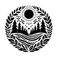 Black and White Round Nature Emblem Forest, Sun, and Foliage in a Circular, Minimalist with Decorative Elements. vector