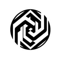 A striking geometric with a central hexagon pattern, formed by interconnected white and black shapes, contained within a circle and highlighted with a subtle shadow. vector