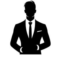 Silhouette of a Stylish Man in a Suit, Tie, and Shirt, with Hands in Pockets, on White Background. vector