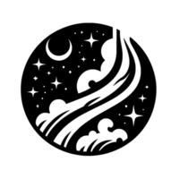 Black and White Celestial Orb Crescent Moon, Stars, Swirling Clouds, and Abstract Stream, Minimalist . vector