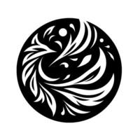 Intricate Black and White Floral in a Circular Frame, Depicting a Harmonious Swirling Pattern and Elegant Foliage. vector