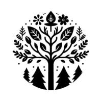 Stylized Black and White Forest Illustration A symmetrical tree surrounded by various flora, nestled within a circular border of trees. vector