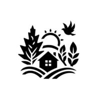Simplified Black White Illustration A Tranquil Scene Featuring a House, Sun, Trees, Flying Bird, and Field Lines, Emphasizing Nature Calm vector