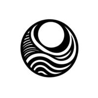 Black and white abstract with a hollow sphere effect, featuring waves, lines and circle shapes, set against a clean white background. vector