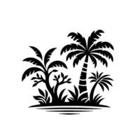 Silhouette Tropical Scene Array of Palm Trees and Lush Foliage on a White Background, Black and White Art. vector