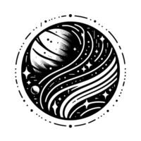 Monochromatic Cosmic Globe Illustration A stylized black and white depiction of a planet, nebula swirls, stars and celestial elements contained within a circular border of dashes and dots, creating a vector
