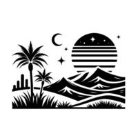 Black and white desert landscape with stylized sun, moon, stars, mountains, palm trees, and vegetation, creating a serene scene. vector