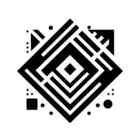 Geometric Abstract Black and white symmetrical featuring a layered diamond structure with a square center, and scattered dots and squares on a white backdrop. vector