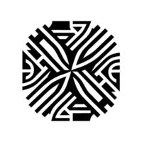 Intricate Black and White Geometric Mandala Composed of Interlocking Abstract Shapes and Linear Elements, Creating Radial Symmetry. vector