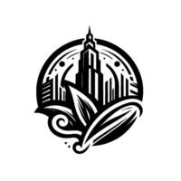 Modern Art Deco emblem showcasing stylized city skyline within a circle, integrating natural elements of coffee beans and leaves. vector
