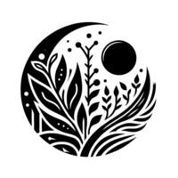 Abstract monochrome floral and celestial in a circle, featuring leaves, spheres, and sunmoon elements. vector