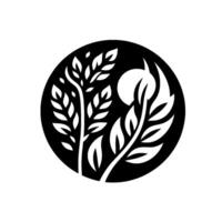 Elegant minimalist black and white depicting stylized foliage and a central orb, contained within a circular frame, emphasizing nature and simplicity. vector