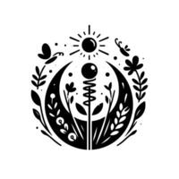 Celestial Garden A monochromatic illustration featuring sun, crescent moon, flora, fauna and an abstract central element, creating a mystical and harmonious emblem. vector