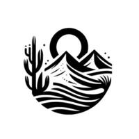 Black and white desert landscape featuring mountains, a cactus, abstract sun, and stylized desert elements within a circular frame. vector