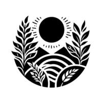 Minimalist Black and White Circle Illustration of Sun Over Mountains and Fields with Foliage vector