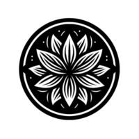 Black and White Circular Floral with Intricate Petals and Decorative Dots, A Symmetrical Emblem vector