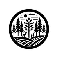 Black and White Forest Scene in a Circle Frame Featuring a Deer, Trees, Sun, and Field . vector