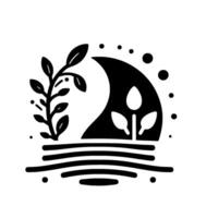Stylized black and white illustration featuring organic shapes and floral elements with decorative lines and dots. vector