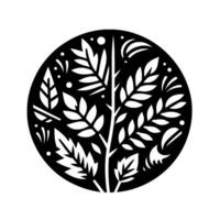 Minimalist Circular Black silhouette of a tree with intricate white leaves, branches, and dots against a stark white background. vector