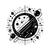 Celestial Geometric Illustration A stylized black and white depiction of a planet with rings, satellites, stars, and cosmic elements, arranged in a circular composition. vector